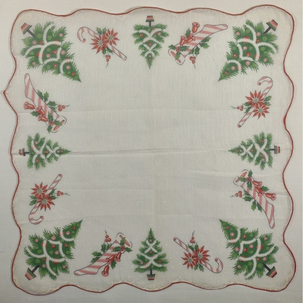 Vintage Christmas Handkerchief Trees Stockings Bells Candy Cane Scalloped 13.5in